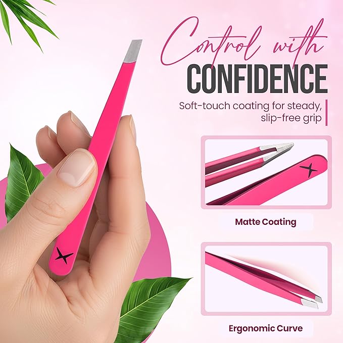 Slanted Stainless Steel Tweezers for Men & Women - Precision Eyebrow Tweezers for Facial Hairs, Strong Grip, Fine Tip, Professional Tweezer for Plucking & Grooming (Neon Pink)