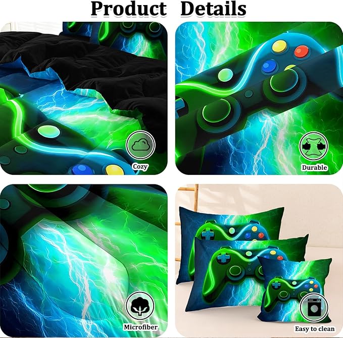 Gaming Comforter Sets for Boys, Blue Green Lightnings 6 Pcs Bed in A Bag Full Size Gamer Bedding Set with Sheets for Teens