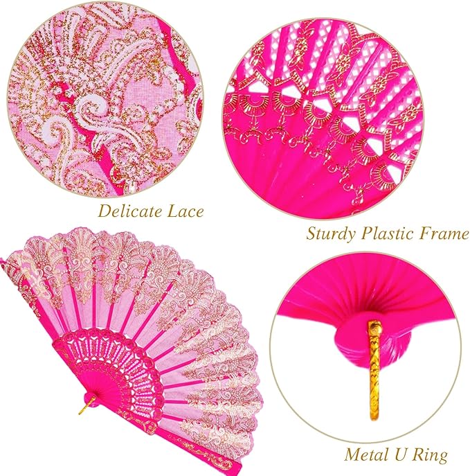 QIRMIZI 30 Pack Folding Handheld Fans,Silk Spanish Fan, Perfect for Weddings, Parties, and Dancing,Deeppink