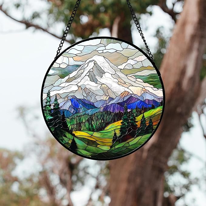 Stained Glass Window Hanging 4 Pcs Set Mountains Lake Green White Landscape Large 15" - Suncatcher Door Garden Sun Catcher Decor Birthday Christmas for Mom Woman Nana Men