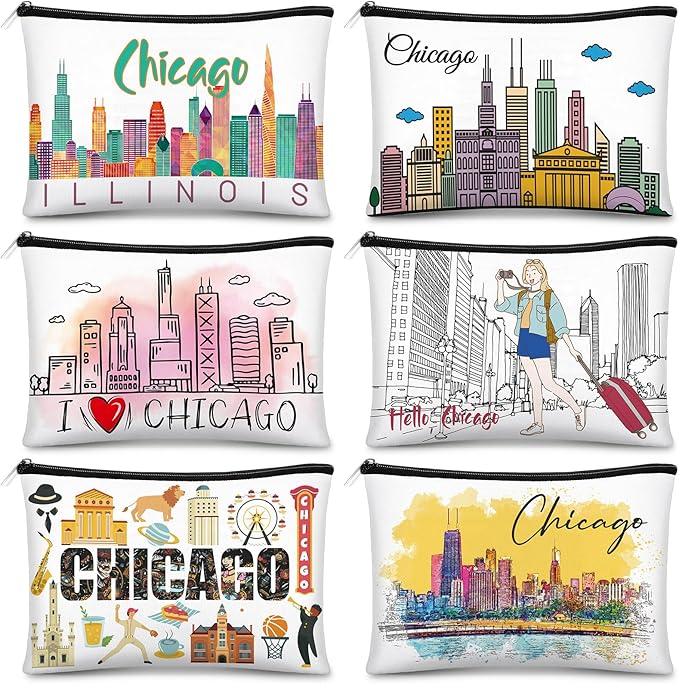 Reginary 6 Pcs City Cosmetic Bag Souvenir Gifts New York Zipper Pouch Chicago Souvenir Seattle Boston Nashville London Paris Italy Alaska Gifts Memento for Women Traveler(Chicago)