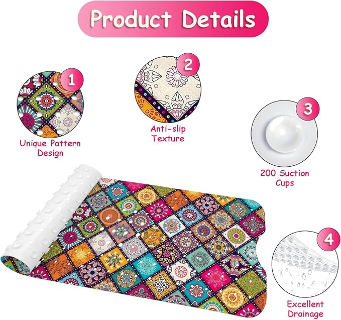 Bathtub Mat Non Slip, Bohemia Extra Long Bath tub Mat Shower Floor Mat with Suction Cups and Drain Holes for Adults Kids Elderly 40 X 16 Inch