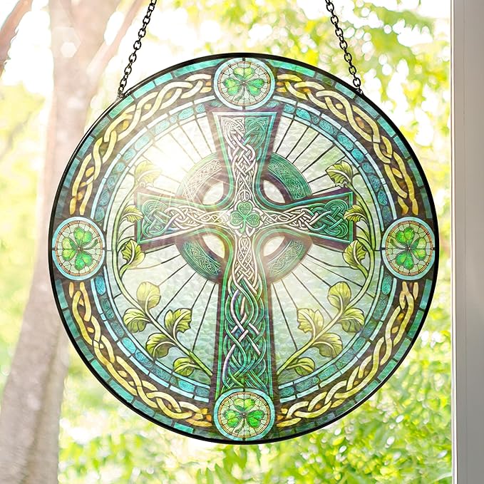 FLAGWIX Irish Gifts for Women Men - Stained Glass Hanging Suncatcher 10 in - Birthday Irish Decorations for Family Friends, Celtic Cross Spring Home Decor, St Patricks Day Decorations