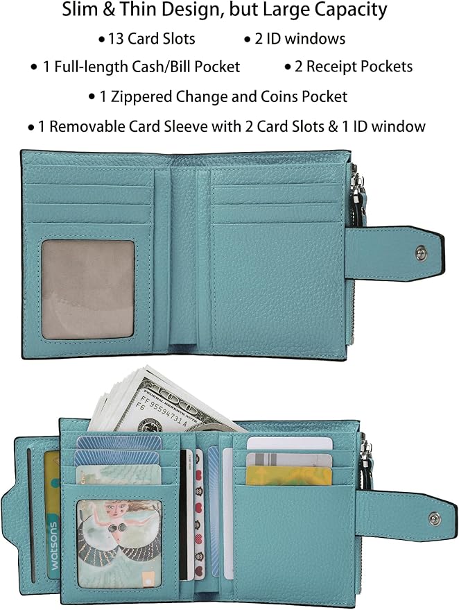AINIMOER Women's RFID Blocking Leather Small Compact Bi-fold Zipper Pocket Wallet Card Case Purse with id Window