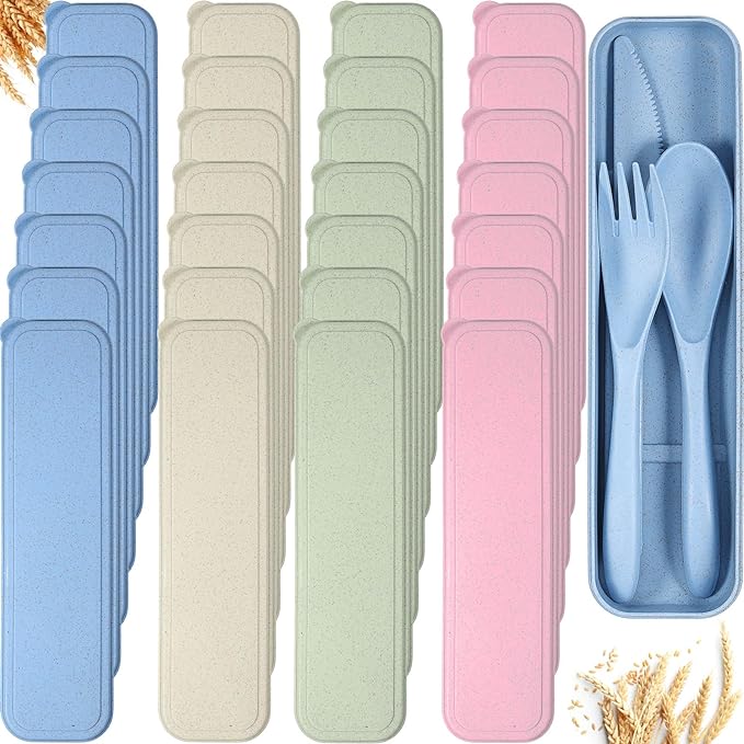 Yahenda 28 Sets Reusable Travel Utensils Set with Case Wheat Straw Cutlery Portable Spoon Knife Forks Plastic Tableware Lunch Box Accessories Bulk for Adult Travel Picnic Camping Utensil(Pastel Color)