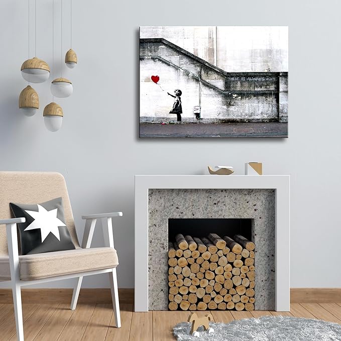 Wieco Art Canvas Paintings Wall Art Banksy Grafitti Girl with Red Balloon Grey Large Love Canvas Prints Pictures Modern Gallery Wrapped Inspirational Artwork Ready to Hang for Home Office Decor