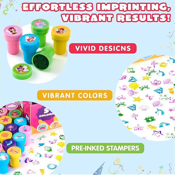JOYIN 100PCS FairyTale's Stamps for Kids Self-Ink for Party Favor, Teacher Stamps, Kids Treasure Box, Prize for Classroom, Easter Egg Stuffers (50 Designs, Mermaid, Princess, Unicorn Stampers)