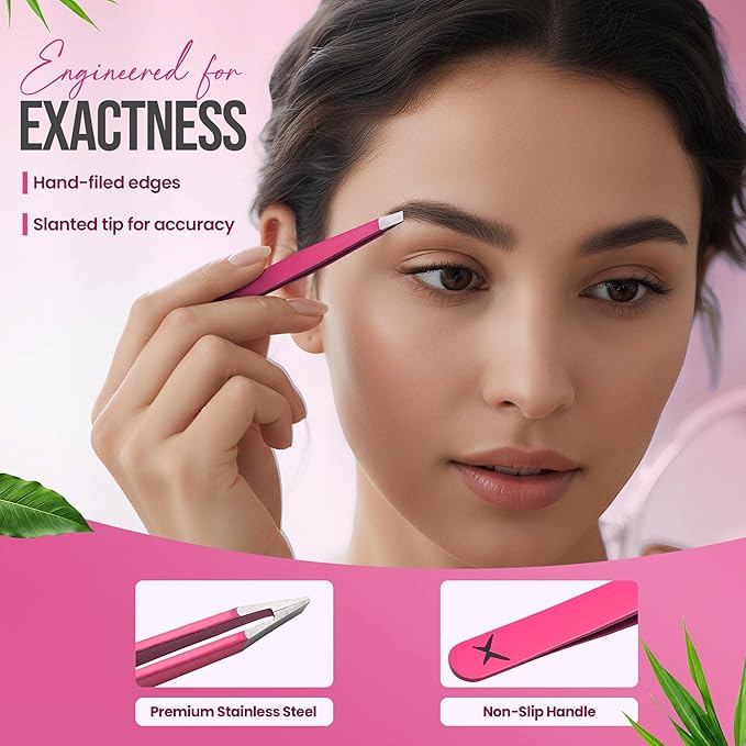 Slanted Stainless Steel Tweezers for Men & Women - Precision Eyebrow Tweezers for Facial Hairs, Strong Grip, Fine Tip, Professional Tweezer for Plucking & Grooming (Neon Pink)