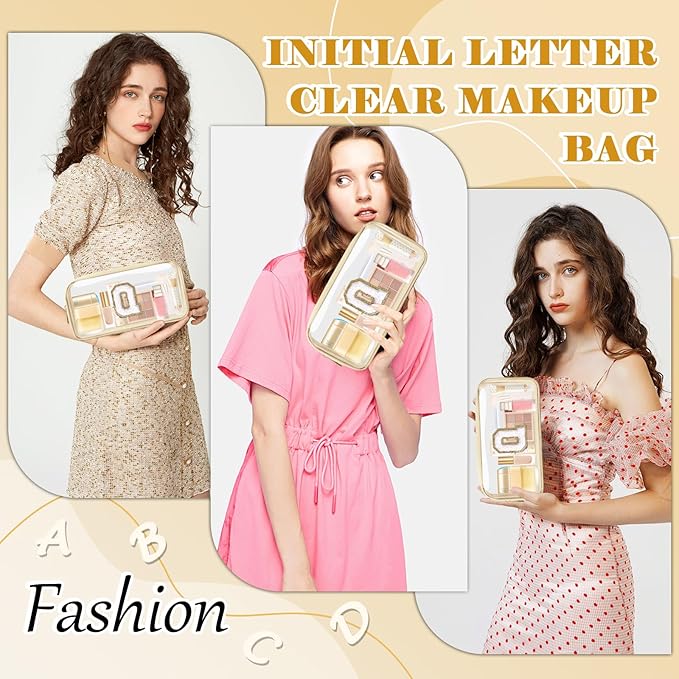 Personalized Initial Letter Clear Makeup Bag,Preppy Small Nylon&PVC Cosmetic Zipper Bag with Chenille Letter,Portable Beach Travel Skincare Toiletry Bag,Trendy Monogram Gift for Teen Girls Women,Q