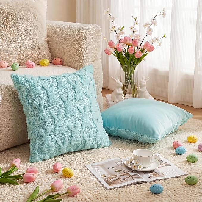 AVOIN colorlife Easter Rabbits Blue Throw Pillow Covers, 18 x 18 Inch Bunny Soft Plush Faux Fur Jacquard Cushion Case Decoration for Sofa Couch Set of 2