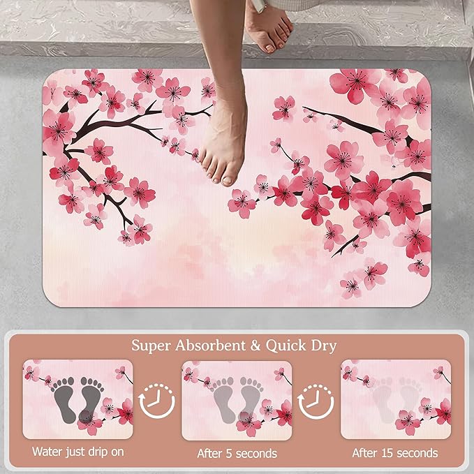 Pink Flower Bath Mat,Cherry Blossom Diatomaceous Earth Bath Mat,Rubber Backing Quick Dry Absorbent Washable Bathroom Rugs for Tub Non Slip 17"x29.5"