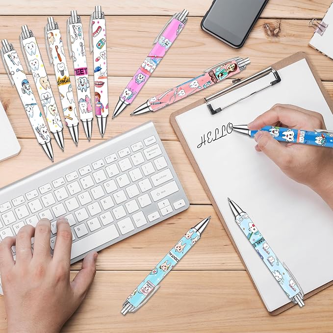 Idealmuzik Cute Dental Pens Set – Tooth & Dentist-Themed Ballpoint Pens for Dental Hygienists, Assistants– Fun Oral Care Stationery for Clinic, or Office – Perfect Dentist Gift, 10 Pack