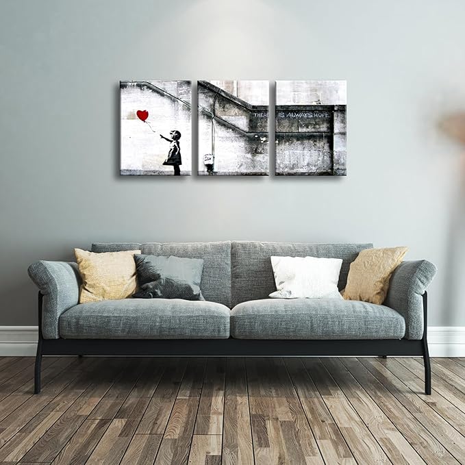 Wieco Art Banksy Grafitti Girl with Red Balloon Modern 3 Piece Famous Canvas Paintings Wall Art Inspirational Grey Love Pictures Print Artwork for Dining Room Kitchen Home Office Decor