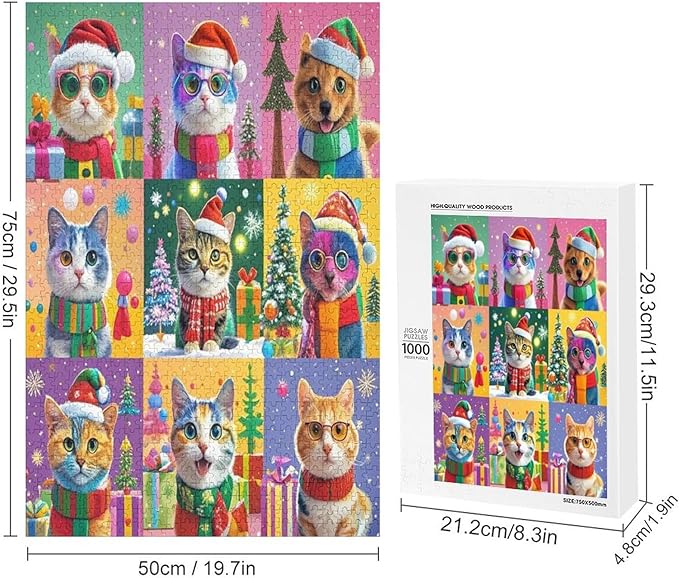 Wooden Puzzle 1000 Pieces Adult - Christmas Cat Puzzle Christmas Puzzles, Holiday Puzzles, Family Toys, Party Games, Jigsaw Puzzle Challenge and Funny