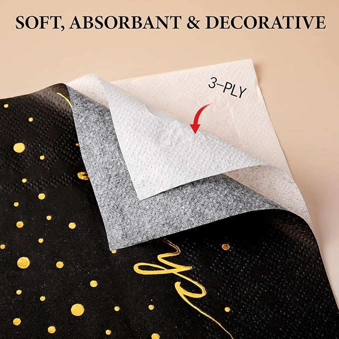 100 Pack of 70th Birthday Napkins, Cheers to 70 Cocktail 5x5 Inches Party Paper Napkins for Birthday Decorations Wedding Anniversary Black and Gold, 3-Ply