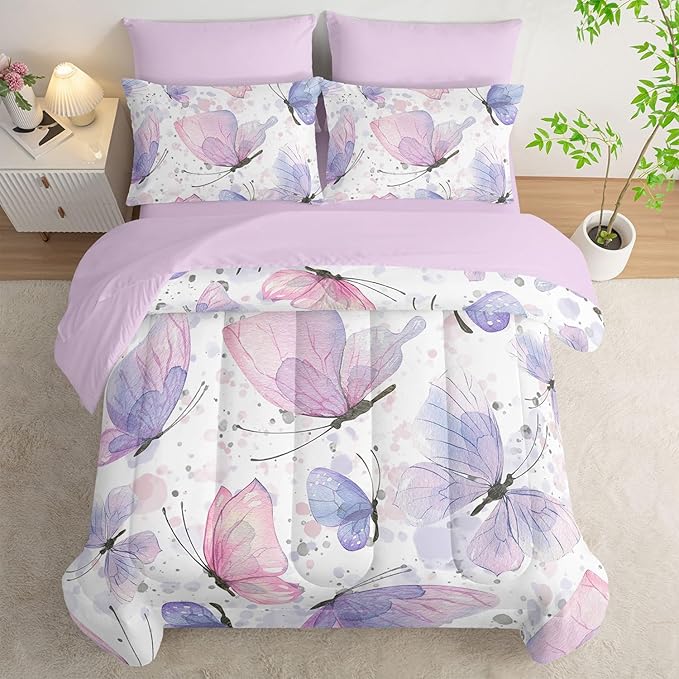 7Pcs Comforter Set Butterflies Printed Bedding Set with 1 Comforter, 1 Flat Sheet, 1 Fitted Sheet and 4 Pillowcases for Boys and Girls Bedroom All Season(Butterflies-2 Full)
