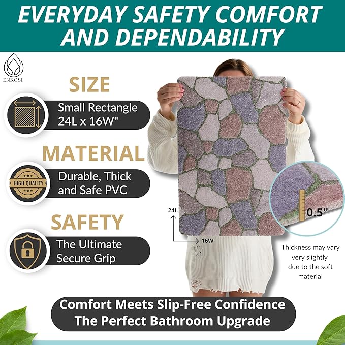 ENKOSI Loofah Non-Slip Shower and Bath Mat - Soft Cushioned Comfort - No Suction Cups for Smooth or Textured Tubs - Fast Draining - Safety for Bathroom, Family, Kids, and Elderly (24x16 Stone Path)