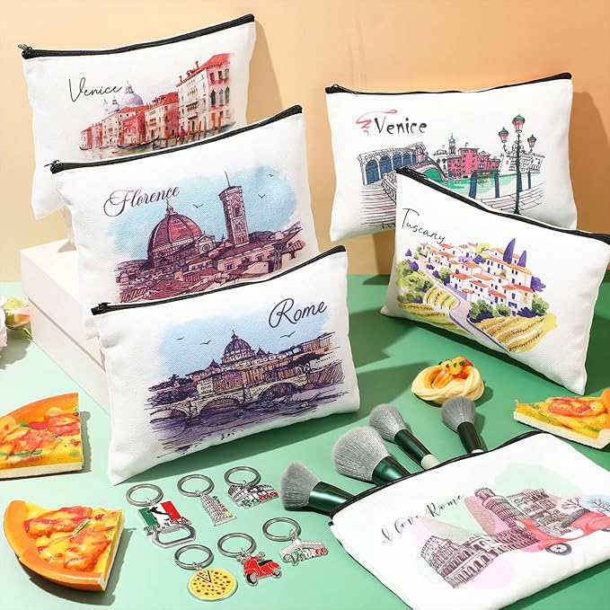 Landical 6 Sets Italy Souvenir Gifts Include 6 Pcs Italian Cosmetic Bag and 6 Pcs Metal Keychain for Women Traveler Christmas Party Gifts