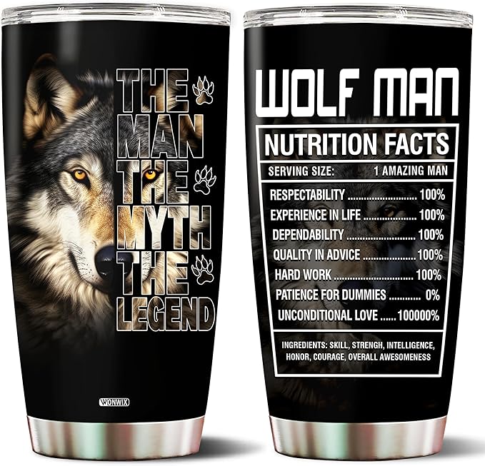 Wolf Gifts for Men Wolves Gift for Wolf Lovers Him Dad Husband Legend Facts Tumbler Cup 20oz Insulated Stainless Steel Travel Coffee Mug with Lid Birthday Christmas Fathers Day