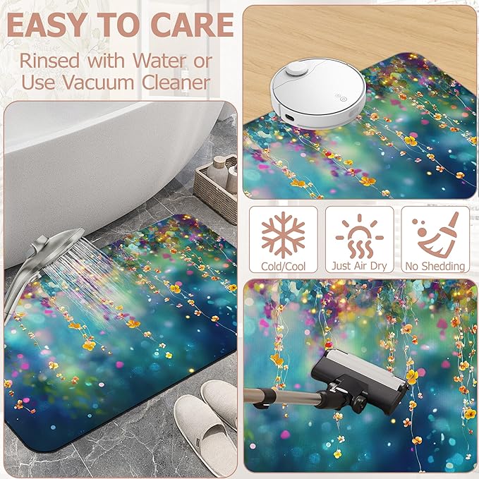 Non Slip Bath Mat,Abstract Flowers Bathroom Decor,Spring Floral Diatomaceous Bath Mat Quick Dry Absorbent Bathroom Rugs-Shower Rug for Kitchen Laundry Bathtub Shower 17"x29.5"