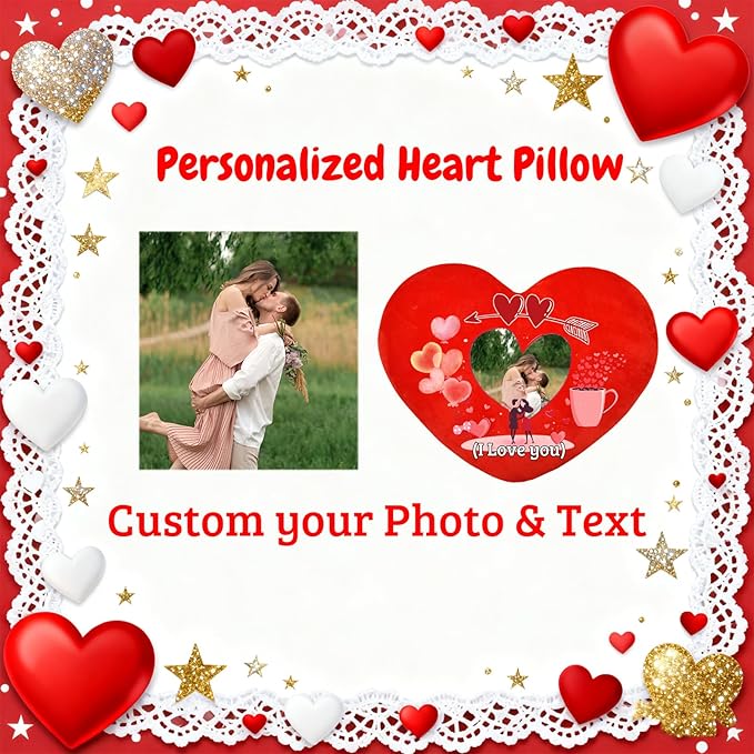 Custom Heart Pillow with Photo Text, Personalized Heart Shaped Pillow with Insert as Valentine Pillows Home Decor Personalized Gifts for Husband Wife Kids Family on Valentines Day Anniversary