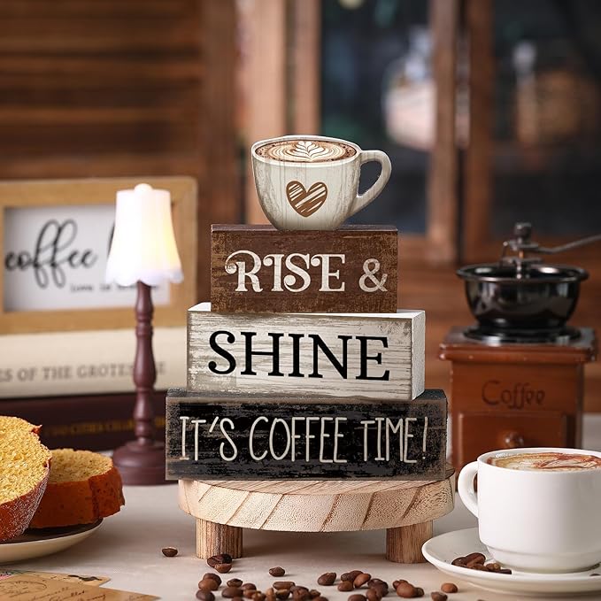 4 Pcs Farmhouse Coffee Bar Sign Decor Wooden Cup Rise & Shine It's Coffee Time Rustic Wood Cafe Sign Gift for Home Kitchen Tabletop Decor