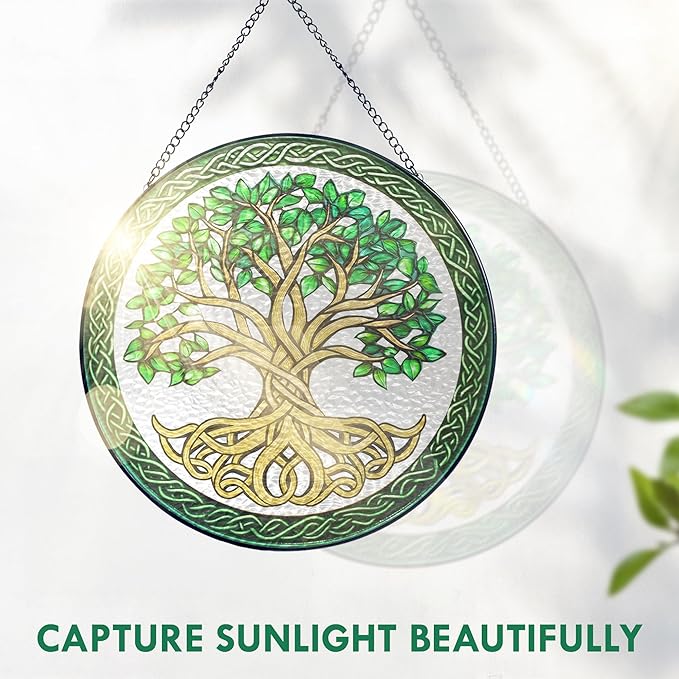 FLAGWIX Tree of Life Gifts for Women Men - Stained Glass Window Hanging 8 in - Birthday Gifts for Mom Grandma, Tree of Life Decorations Indoor, Celtic Suncatchers Garden Decor