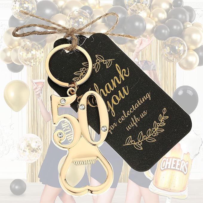 24 pcs 50th Gold Keychain Bottle Opener Birthday Party Favors for Guests,50th Beer Bottle Opener Favors Bulk for Birthday Anniversary Souvenirs Party Decor Supplies (Gold 50th)