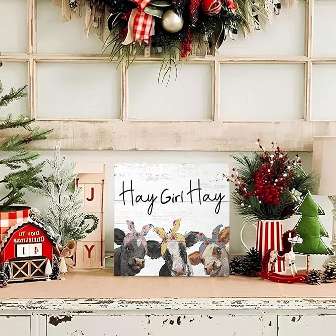 Mtrgdn Western Cow Signs for Home Decor,Wood Box Sign Desk Decor,Farmhouse Rustic Wood Block Plaque for Home Desk Shelf Fireplace Indoor Office Decor,Funny Friend Gifts for Women,Gifts,Cow Print Stuff