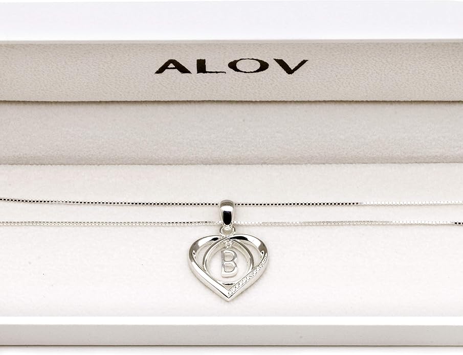 ALOV Jewelry Sterling Silver Initial Letter Alphabet Love Heart Cubic Zirconia Pendant Necklace