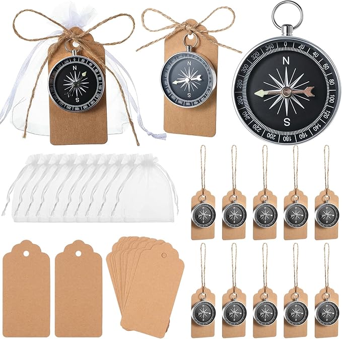 TaoBary 60 Pcs Compasses Valentines Day Wedding Party Favors Set, 2026 Mini Compass Souvenir Nautical with Kraft Tags and Organza Bag for Guests Birthday Nautical Travel Party Souvenir Gift(Silver)