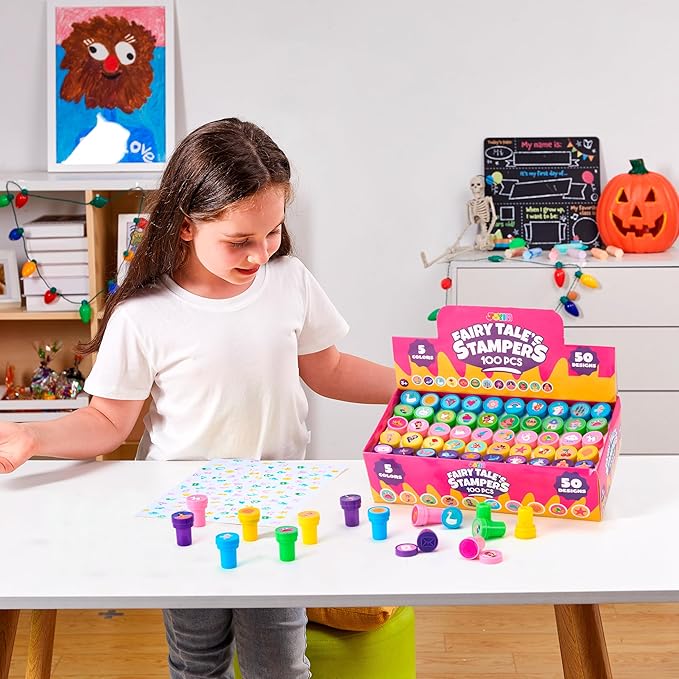 JOYIN 100PCS FairyTale's Stamps for Kids Self-Ink for Party Favor, Teacher Stamps, Kids Treasure Box, Prize for Classroom, Easter Egg Stuffers (50 Designs, Mermaid, Princess, Unicorn Stampers)