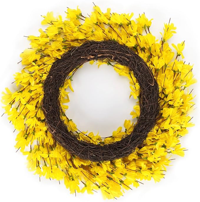 Huashen 24 Inch Yellow Forsythia Wreath Winter Front Door Blossom Cluster Flower Farmhouse on Grapevine for Festival Celebration Wall Window Decoration Home Christmas Décor