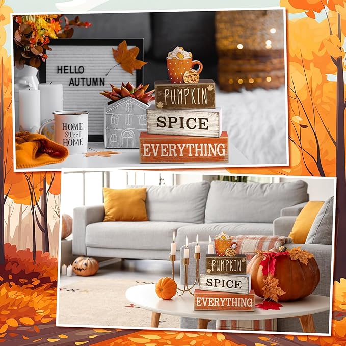 4 Pcs Thanksgiving Decorations for Home Fall Cup Decor Thanksgiving Table Centerpiece Fall Tiered Tray Decor Rustic Wooden Cup Block Sign Gift Farmhouse for Harvest Party Home Kitchen