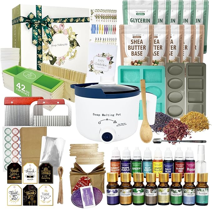 PIUH Deluxe Soap Making Kit for Soap Making, DIY Soaps Making Full Set Kits Includes Soap Melter, 4 lb Soap Base, 8 Essencial Oils, Silicone Loaf Molds & Scraper, Cutters, 8 Dyestuffs for Adults Gift