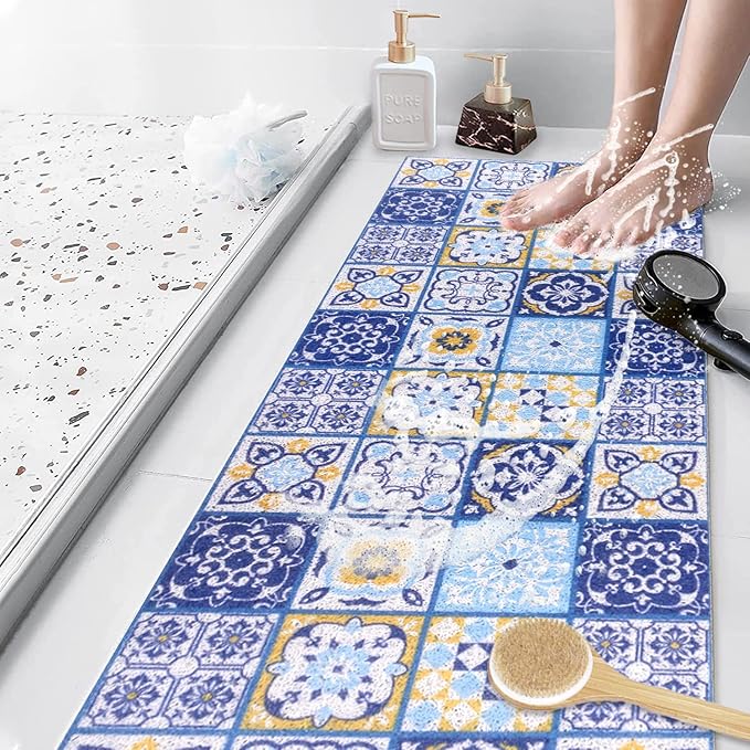 Bathtub Mat Shower Mat Non-Slip 16x 39 Inch, Soft Comfort Bath Mat with Drainage Holes, PVC Loofah Massage Bathmat for Shower, Tub, Bathroom, Wet Areas, Quick Drying