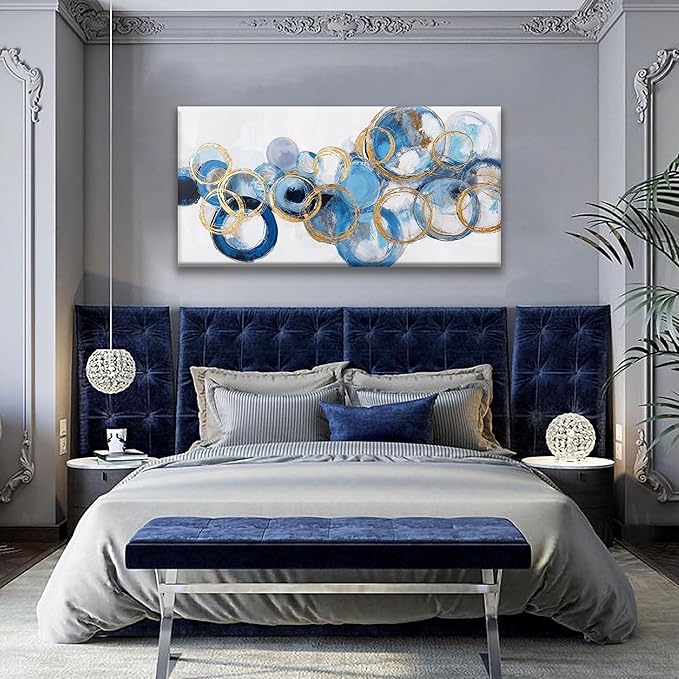 Suconvng Abstract Wall Art Maximalist Canvas Wall Art Decor Prints Blue Gold Circle Modern Abstract Wall Decor Artwork For Living Room Bedroom Kitchen Office Artwork Ready To Hang 24" × 48"