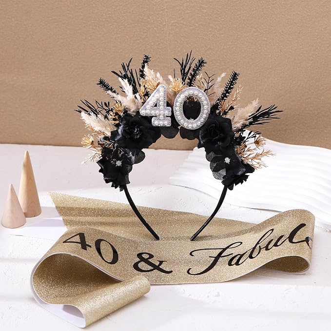 Flower Black Birthday Headband - Dark Happy Birthday Crown and Sash Set for Women Fabulous Party Accessories