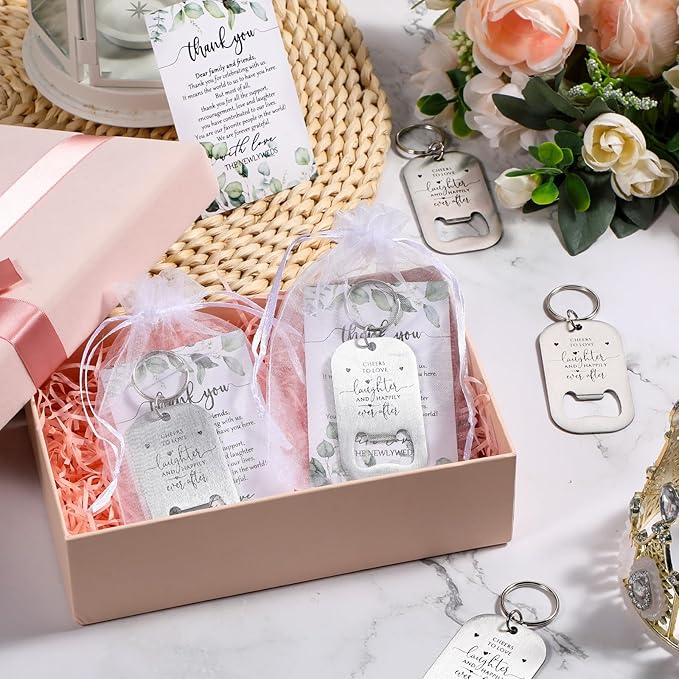 100 Sets Wedding Gifts for Guests Cheers to Love Laughter and Happily Ever After Opener Beer Opener Keychain Bottle Opener Keychain Thank You Card Organza Bags Bridal Shower Souvenirs