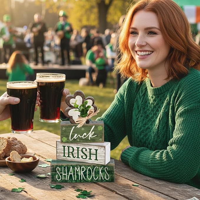 4 Pcs St. Patrick's Day Table Decorations Wooden Shamrocks Green Lucky St. Patrick Tiered Tray Decor Farmhouse Shamrock Blocks Signs Gifts Irish Themed Centerpiece Decorations for Home Decor