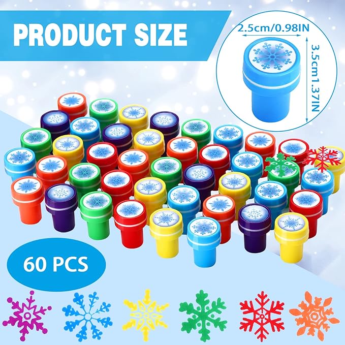 Skylety 60 Pieces Winter Snowflake Stamps for Kids Self Ink Assorted Plastic Snowflake Hand Stampers for Card Making Holiday Winter Wonderland Birthday Party Decorations Supplies(Multi Colors)
