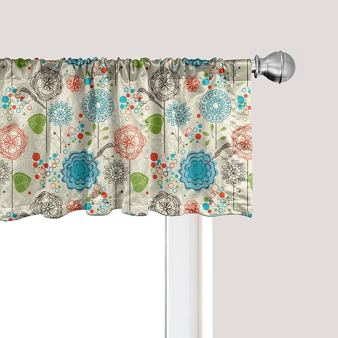 Ambesonne Floral Window Valance Pack of 2, Retro Doodle Flower Field Dandelions Daisy Birds Circles Cheerful Image, Rod Pocket Curtain Valances for Kitchen Bedroom, 54" X 12", Deep Sky Blue
