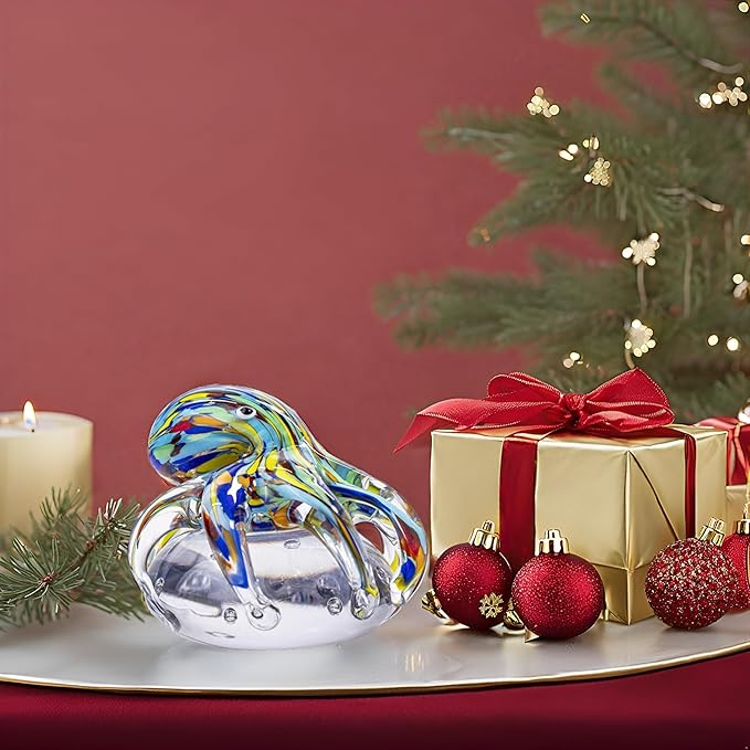 Hand Blown Art Glass Octopus Figurine on Crystal Ball | Handmade Sea Creature Collectible, Ocean Theme Desk Paperweight & Aquarium Decor (Turquoise)