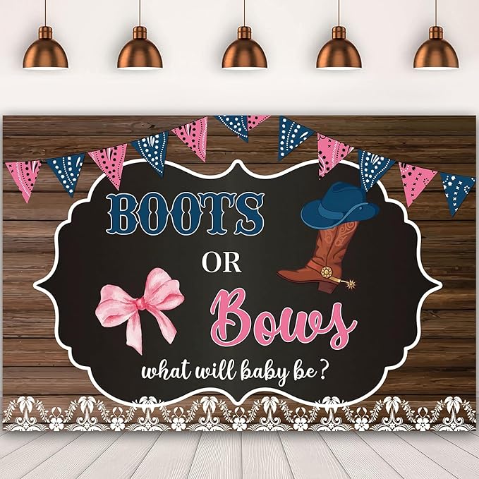 Western Cowboy Boots or Bows Gender Reveal Backdrop for Boy or Girl 7x5Ft Baby Shower Newborn Party Banner Photo Background Party Decoration Supplies Polyester Fabric Reusable