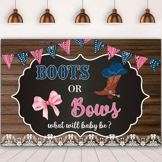 Western Cowboy Boots or Bows Gender Reveal Backdrop for Boy or Girl 7x5Ft Baby Shower Newborn Party Banner Photo Background Party Decoration Supplies Polyester Fabric Reusable