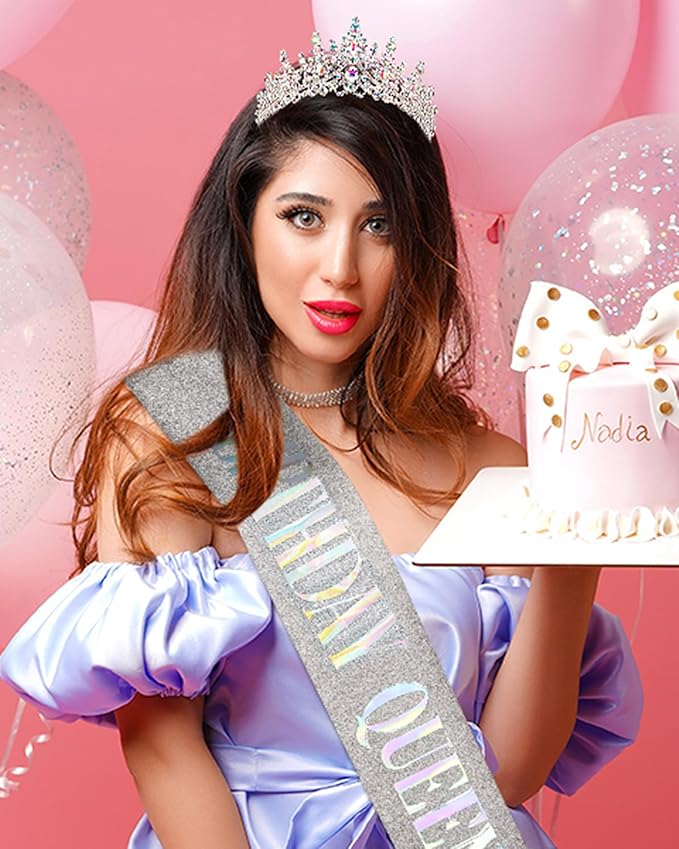COCIDE Birthday Queen Sash for Women, Tiara and Rhinestone Headband Set, Glitter Crown Hair Accessories for Girls Party Supplies and Decorations