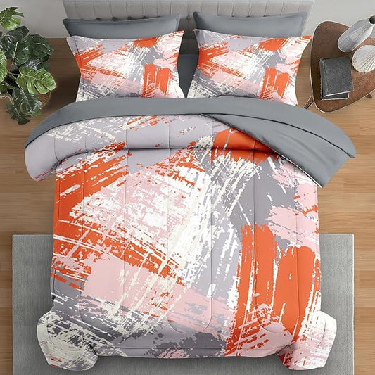 Comforter Set King Size, Urban Graffiti Orange Grey 7 Pcs Bedding for Kids and Adults, Abstract Paint Line Bed Sheet Sets with Fitted Sheet 2 Pillowcase & 2 Sham for Bedroom Bed Decor