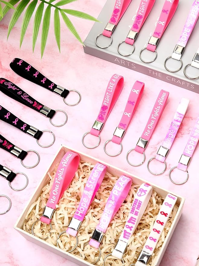 36pcs Breast Cancer Awareness Silicone Keychains Hope Faith Strength Pink Ribbons Motivational Rubber Keychains for Women Breast Cancer Awareness Decoration Party Favor Gift Supplies