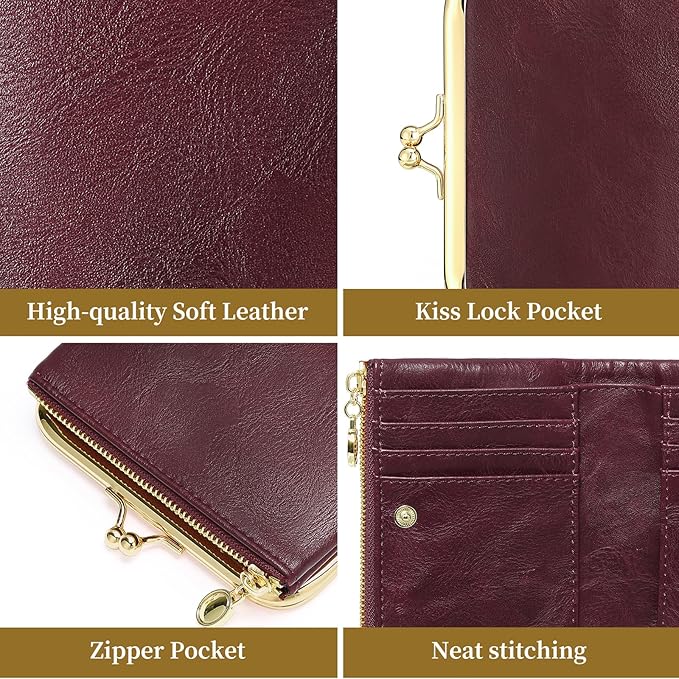 Wallet Women Small RFID Blocking Bifold Leather Wallets for Women Vintage Coin Purse With Zipper and Kiss Lock