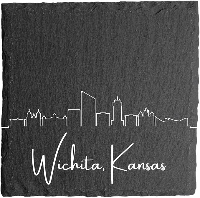 Blue Ridge Mountain Gifts - Wichita KS Skyline Coasters, Set of 4 - Wichita Kansas Souvenir, Slate Coasters with Minimalist Skyline, Housewarming Gift for Friends, Family, & Neighbors
